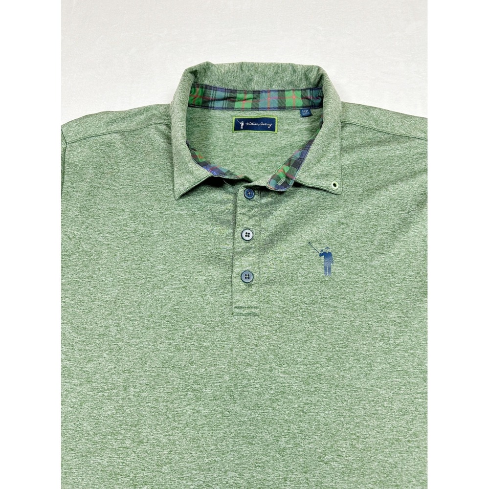 William Murray Golf Mens Large Green Heathered Plaid Trim Performance Polo Shirt
